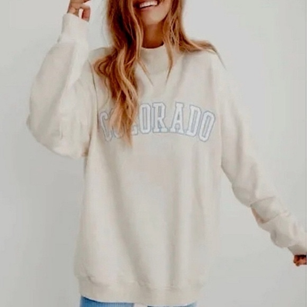 Aerie Colorado Mock Neck Sweatshirt In Cream And Blue Color